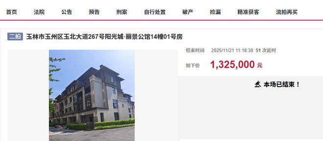 玉林市一栋别墅971万拍卖成交遭悔拍再次拍卖又1325万成交(图1)